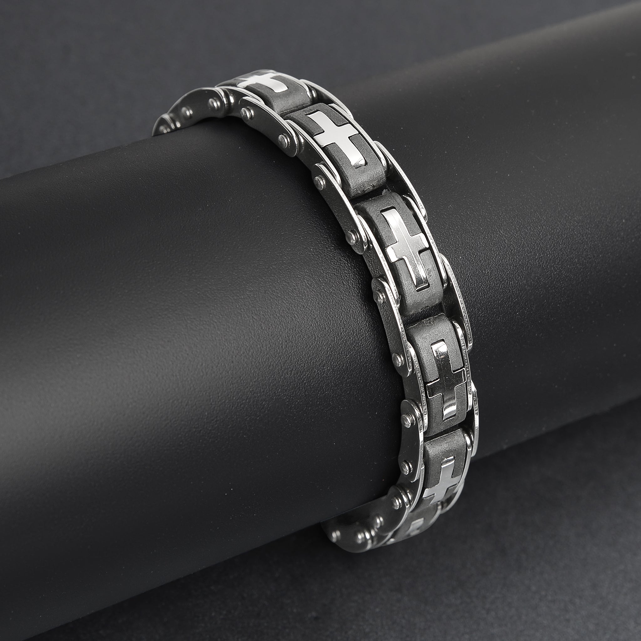 Stainless Steel And Gold Cross Bike Chain Bracelet