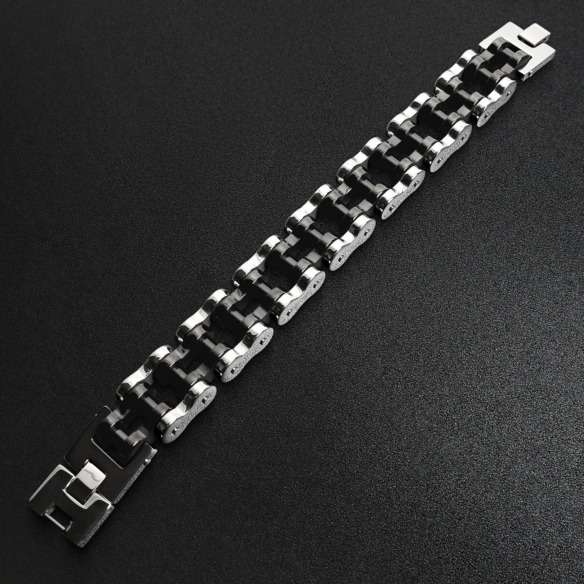 Stainless Steel and Black Large Bike Chain Bracelet