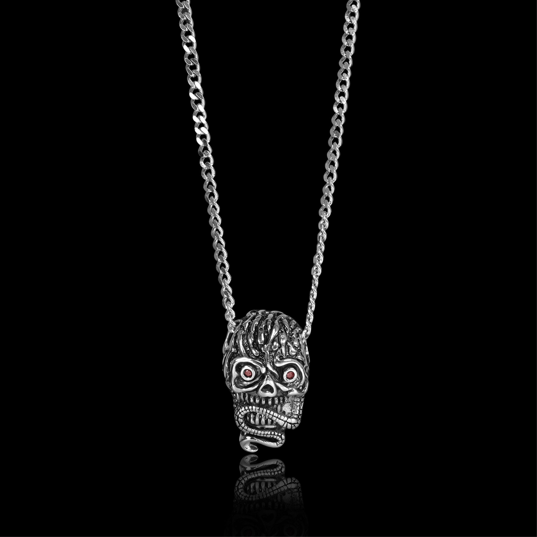 Stainless Steel Red CZ Eyed Skull With Snake Curb Chain Necklace