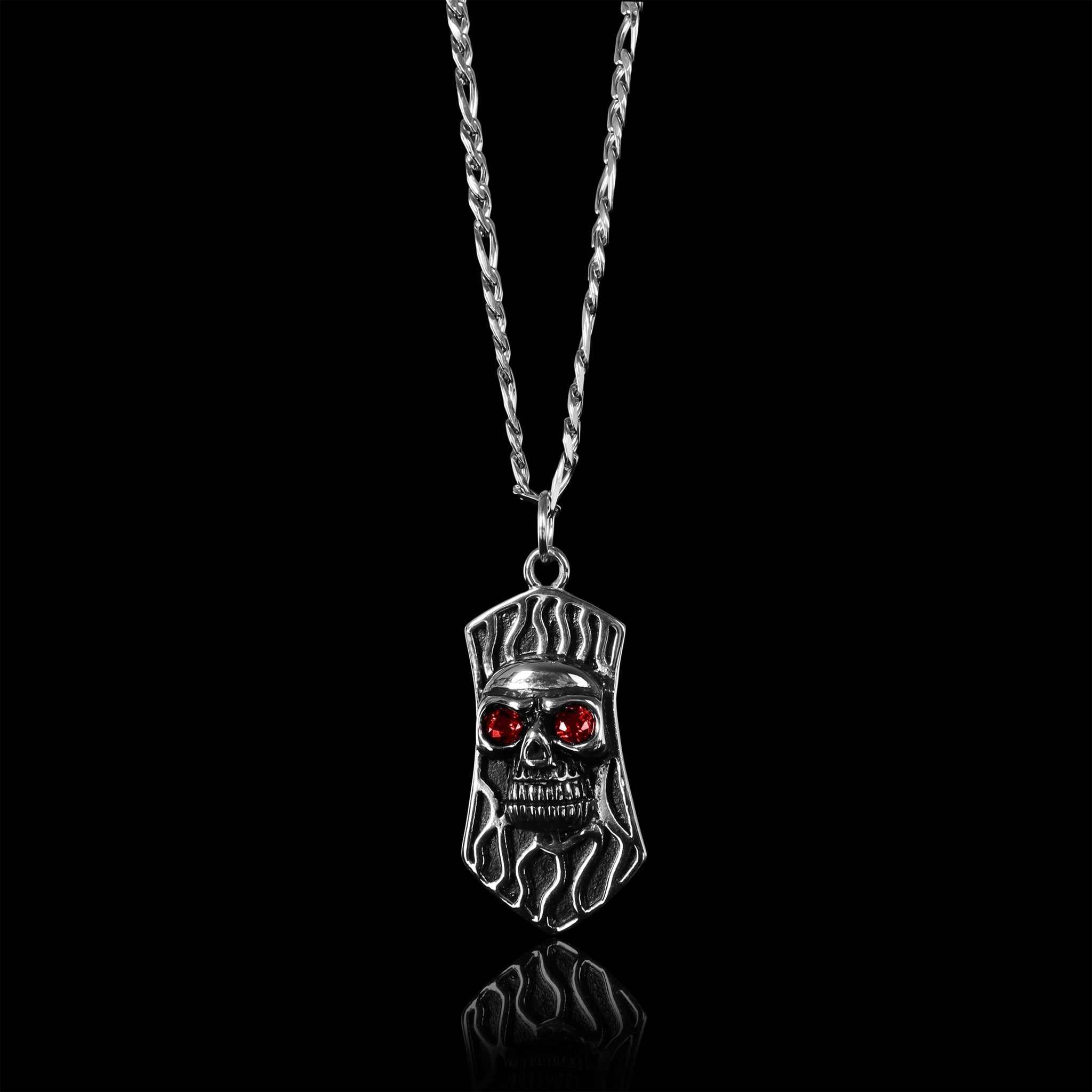 Stainless Steel Red CZ Eyed Skull Shield Figaro Chain Necklace