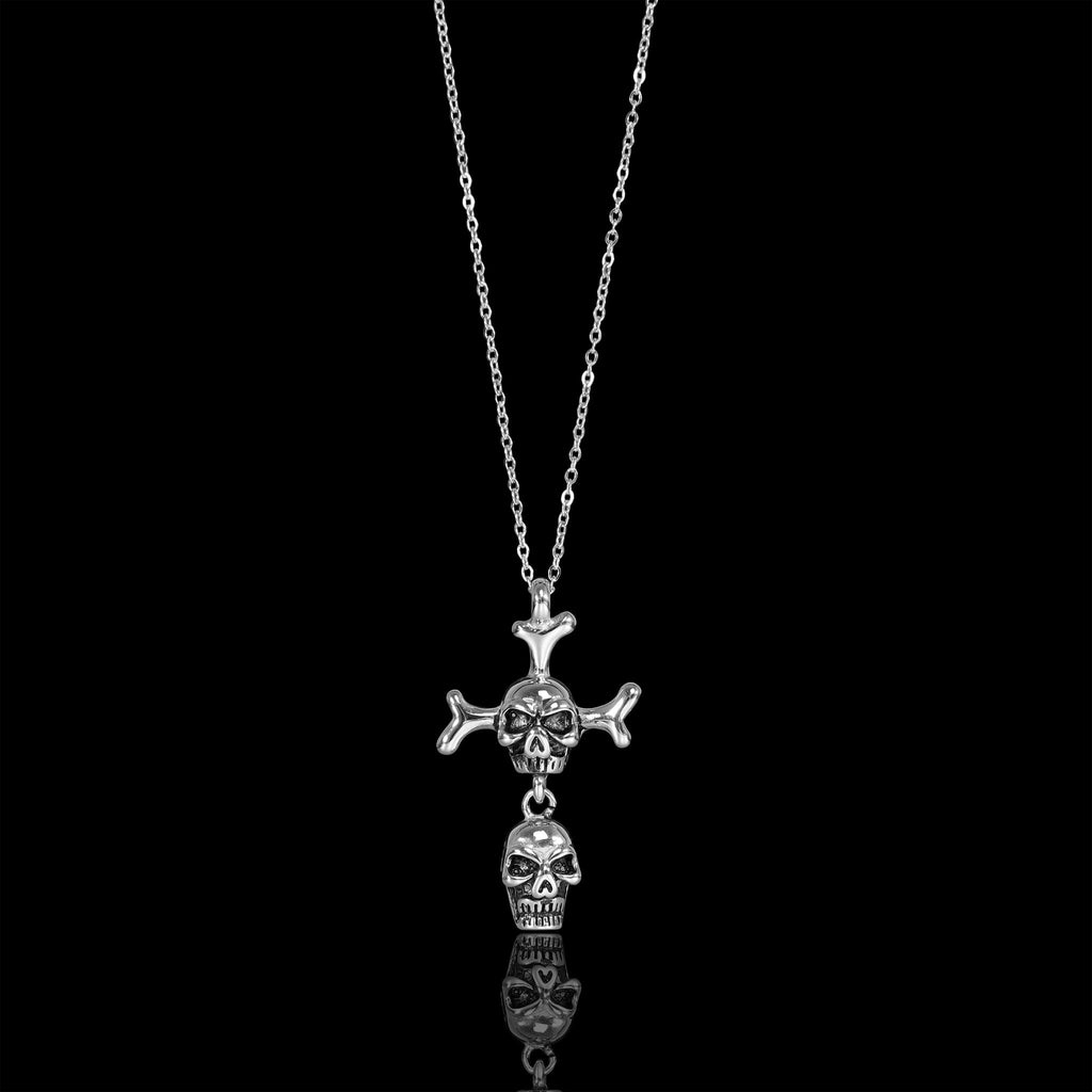 Stainless Steel Double Skull And Bones Figaro Chain Necklace