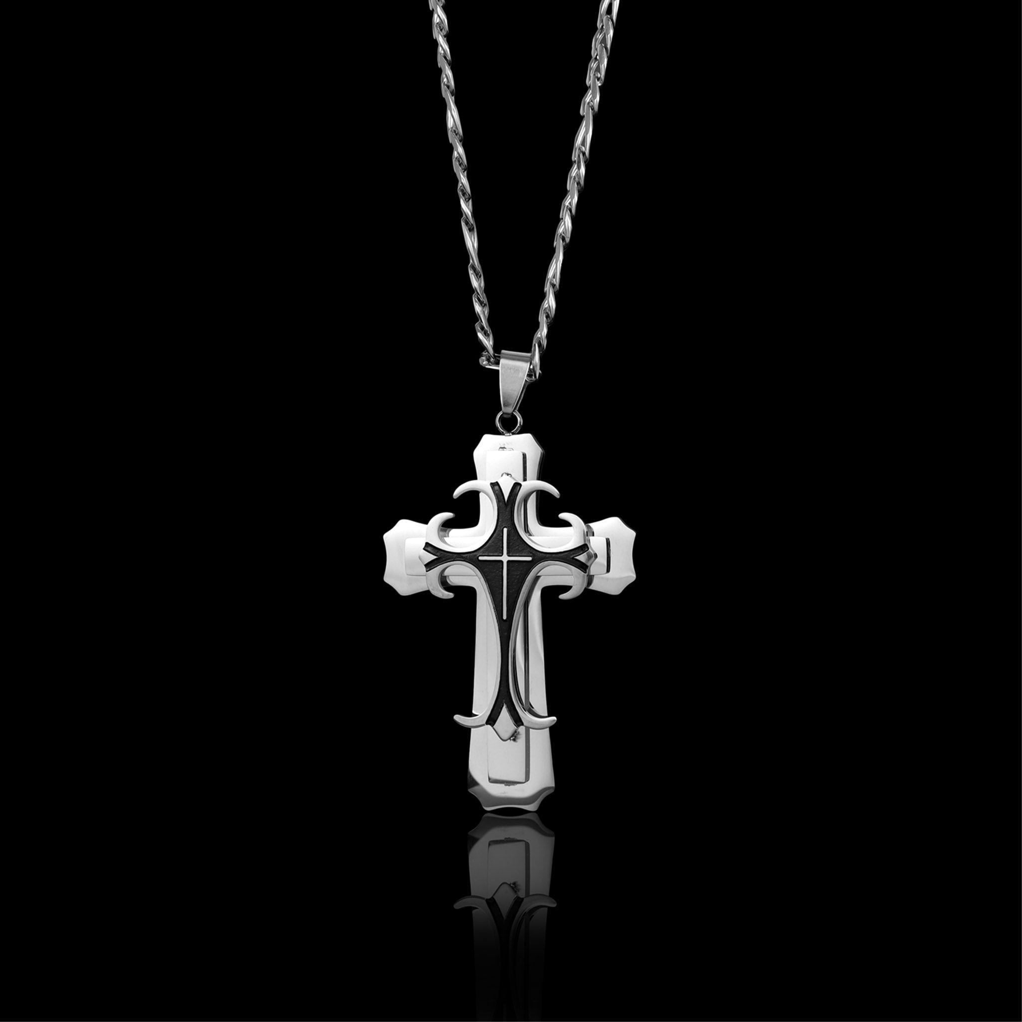 Stainless Steel And Black Layered Cross Figaro Chain Necklace