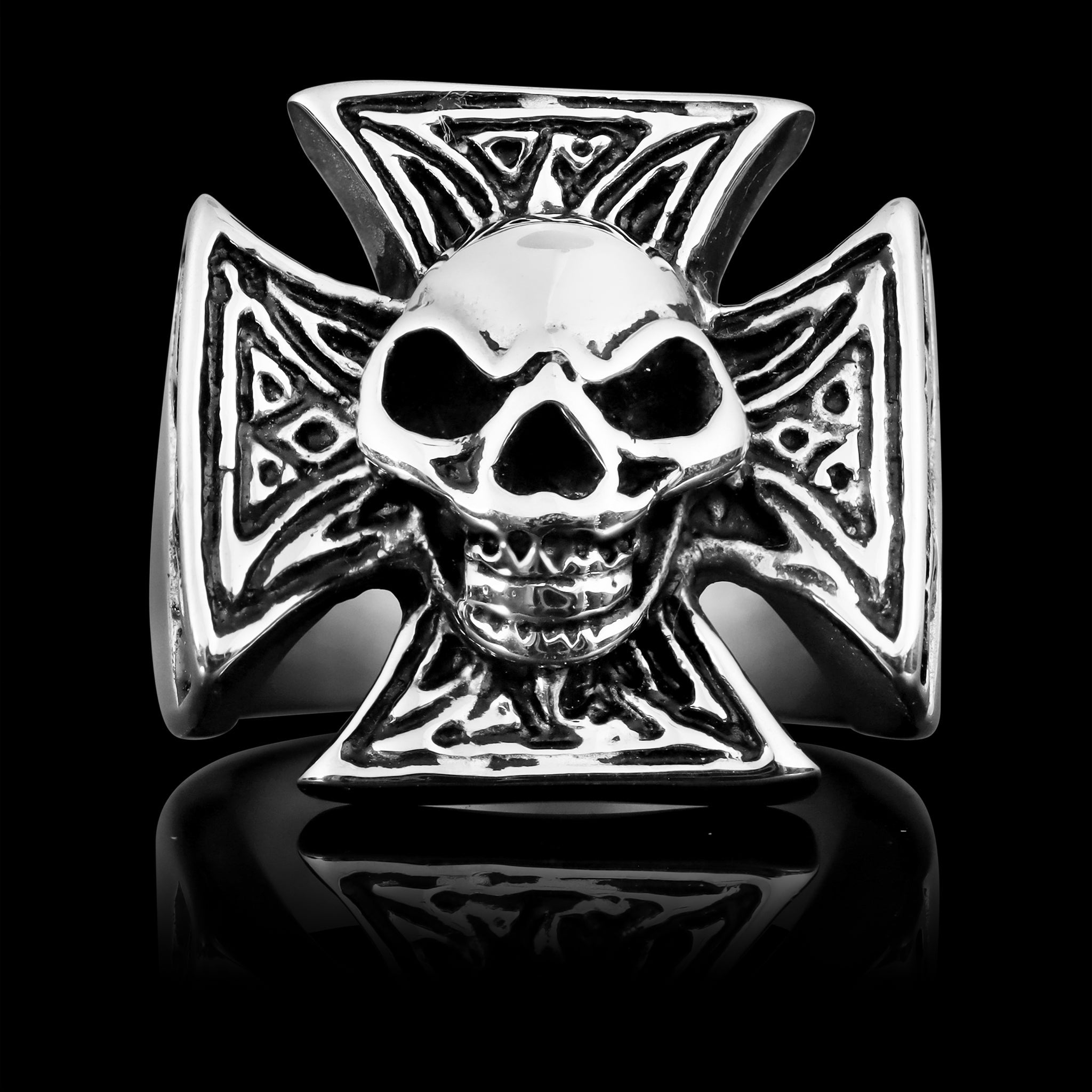 Stainless Steel Polished Skull Maltese Cross Ring