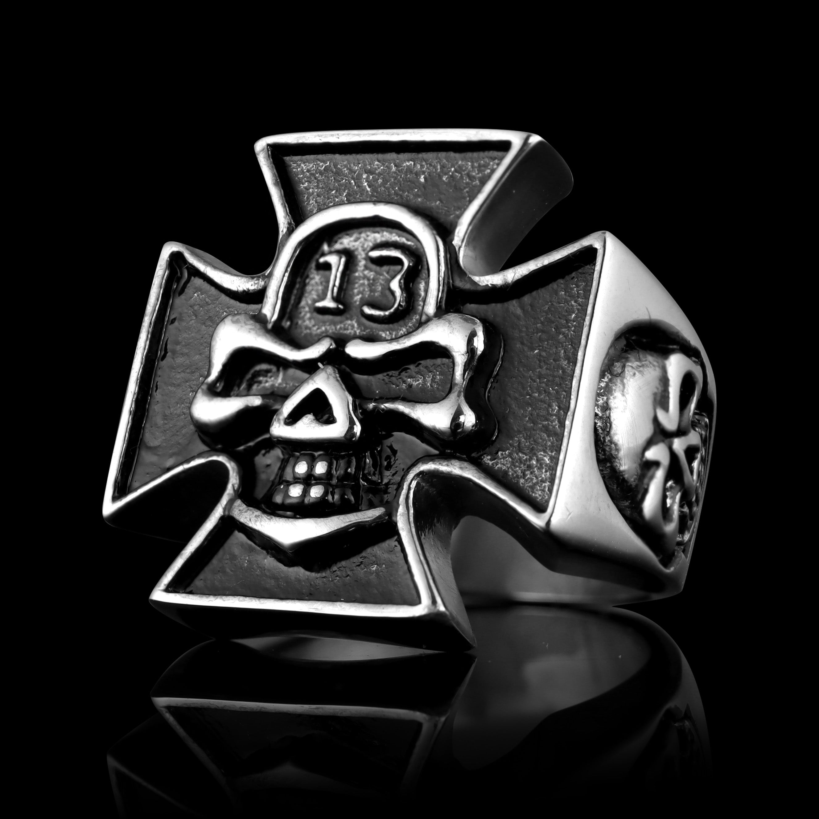 Stainless Steel "13" Skull Maltese Cross Signet Ring