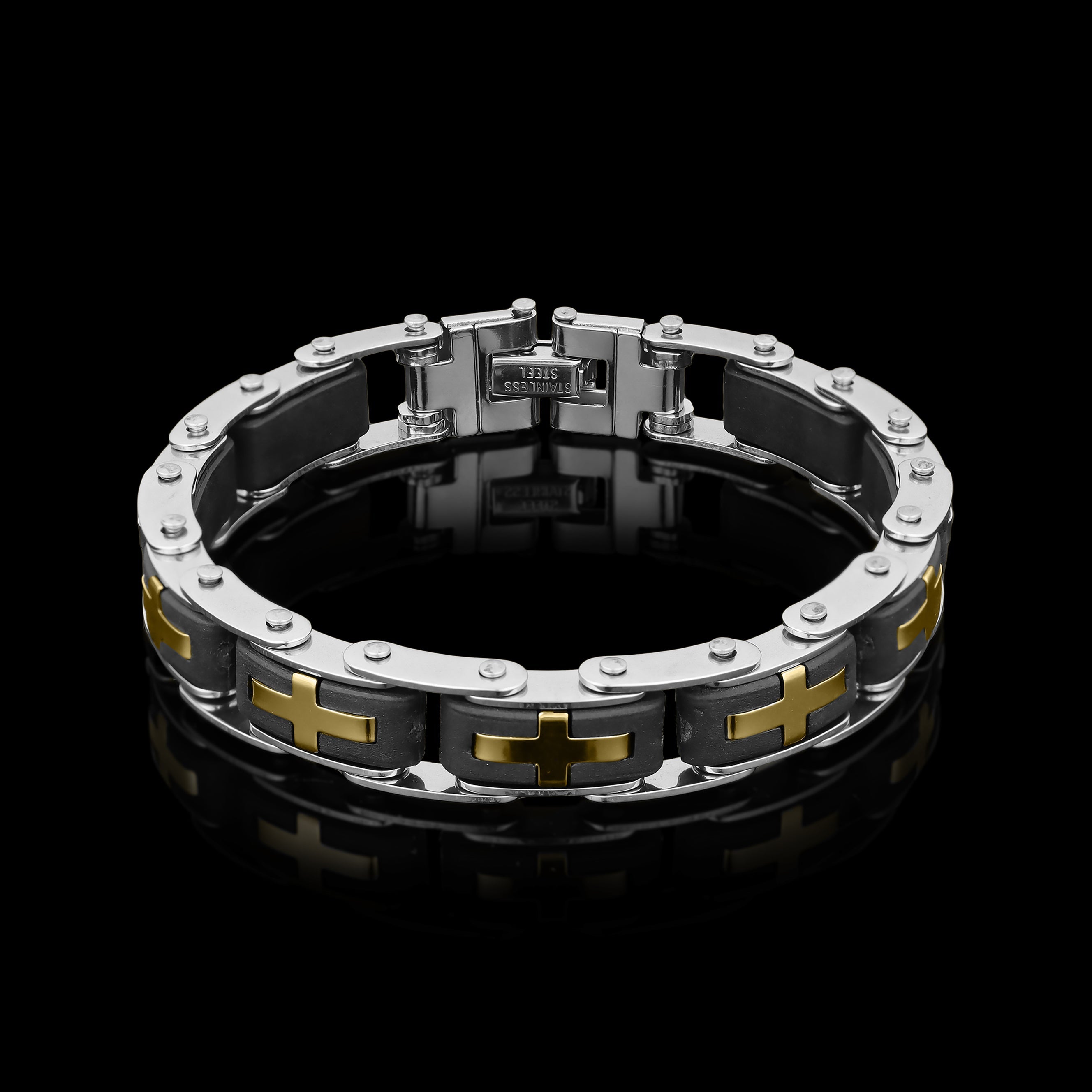 Stainless Steel And Gold Cross Bike Chain Bracelet