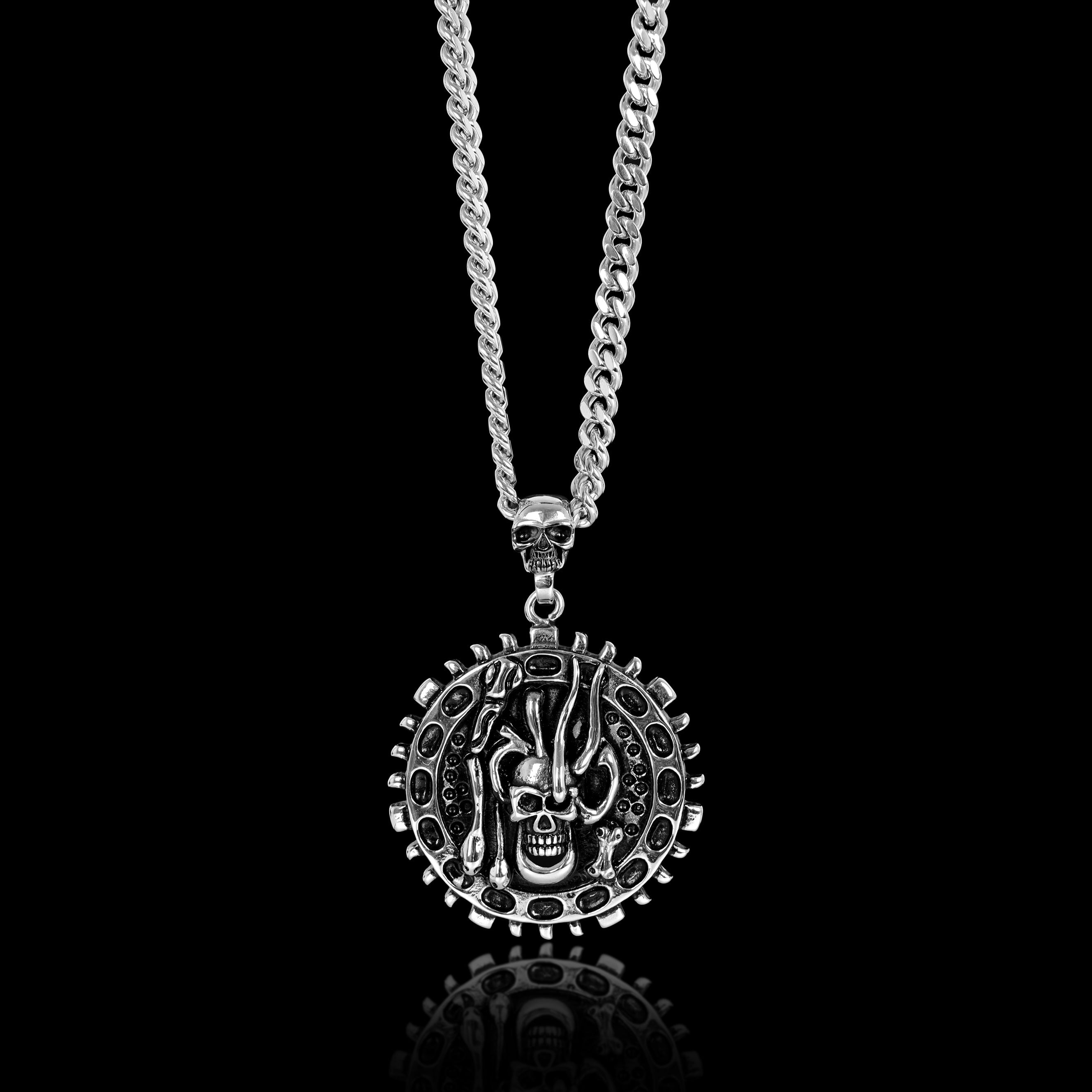 Stainless Steel Large Skull & Snakes Spike Shield Curb Chain Necklace