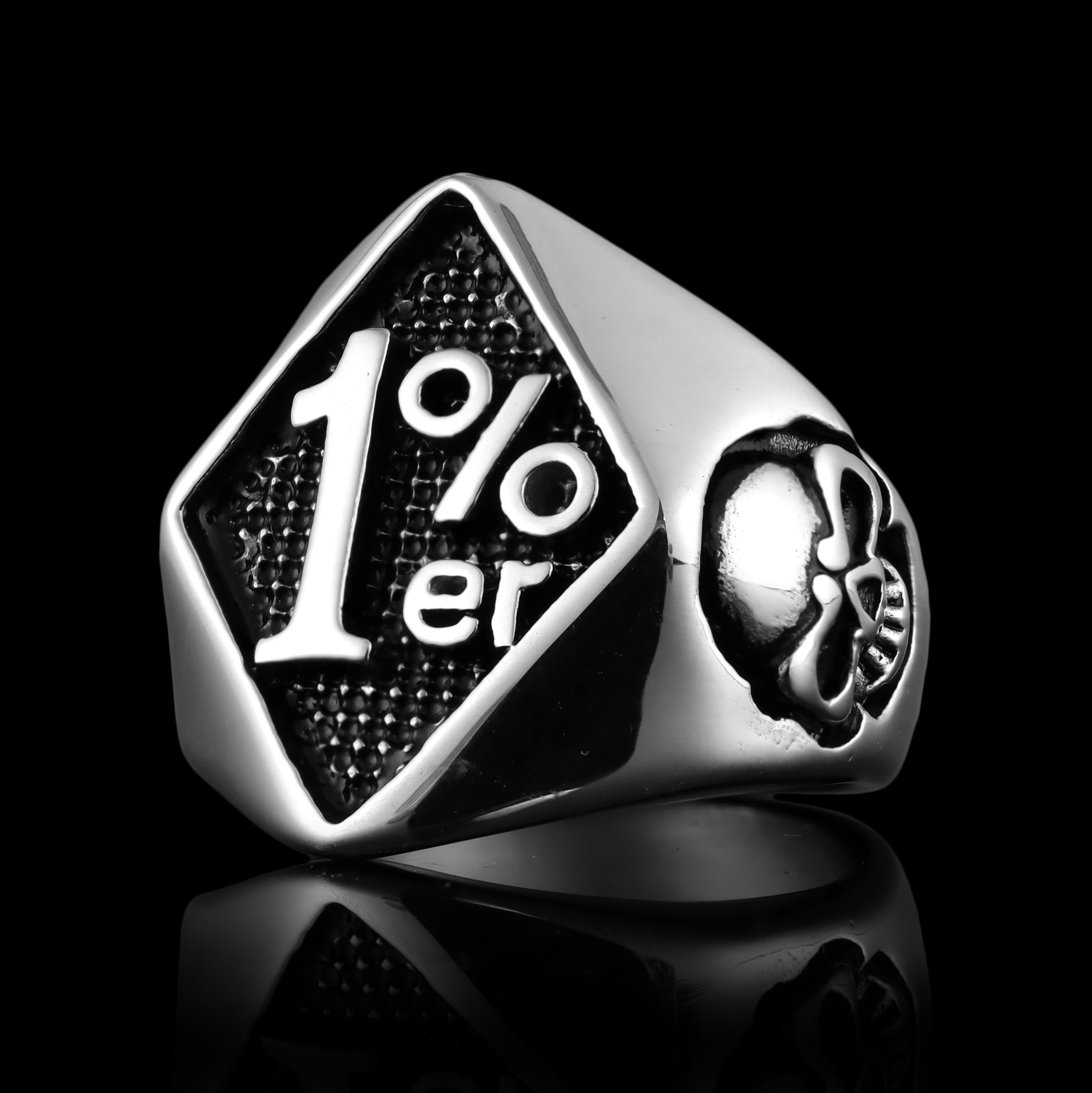 Stainless Steel "1%er" With Skull Accents Signet Ring