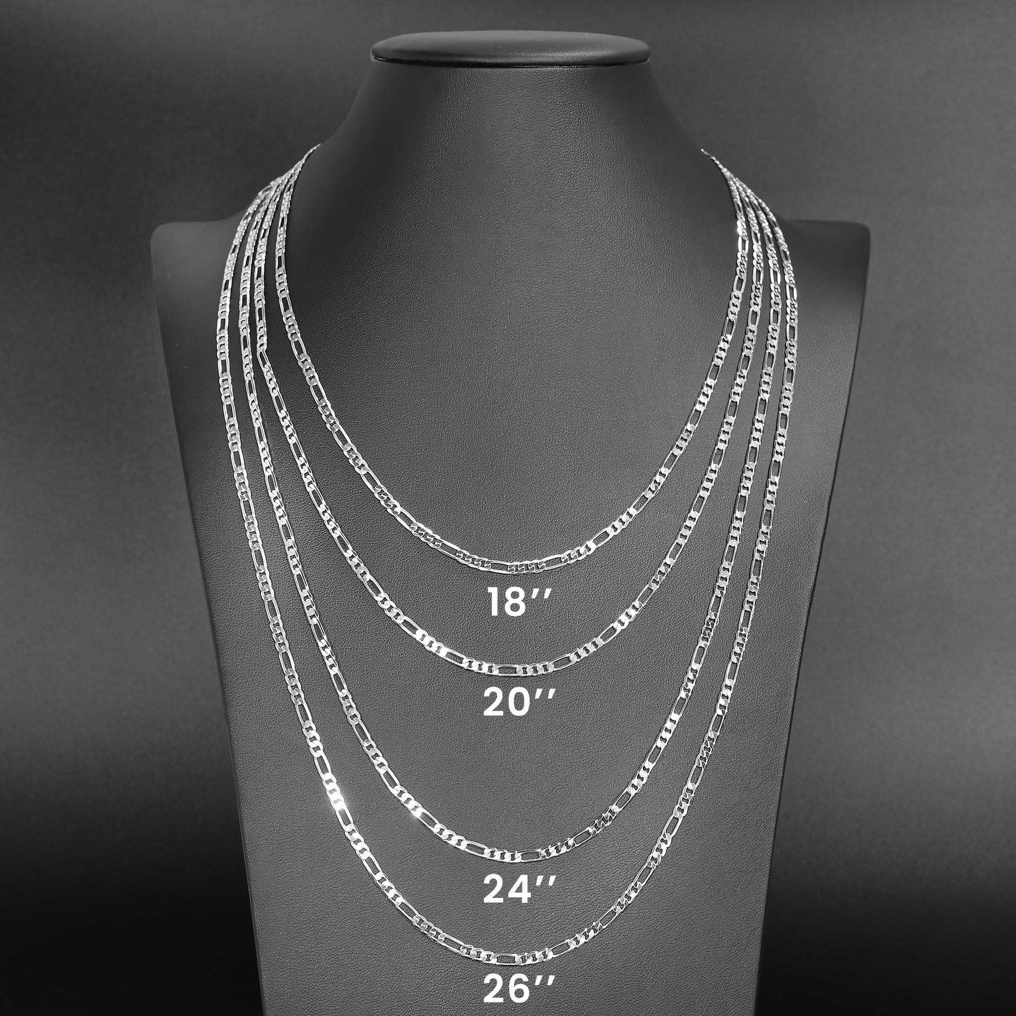 Sterling Silver Platinum Plated Diamond Cut Figaro Chain