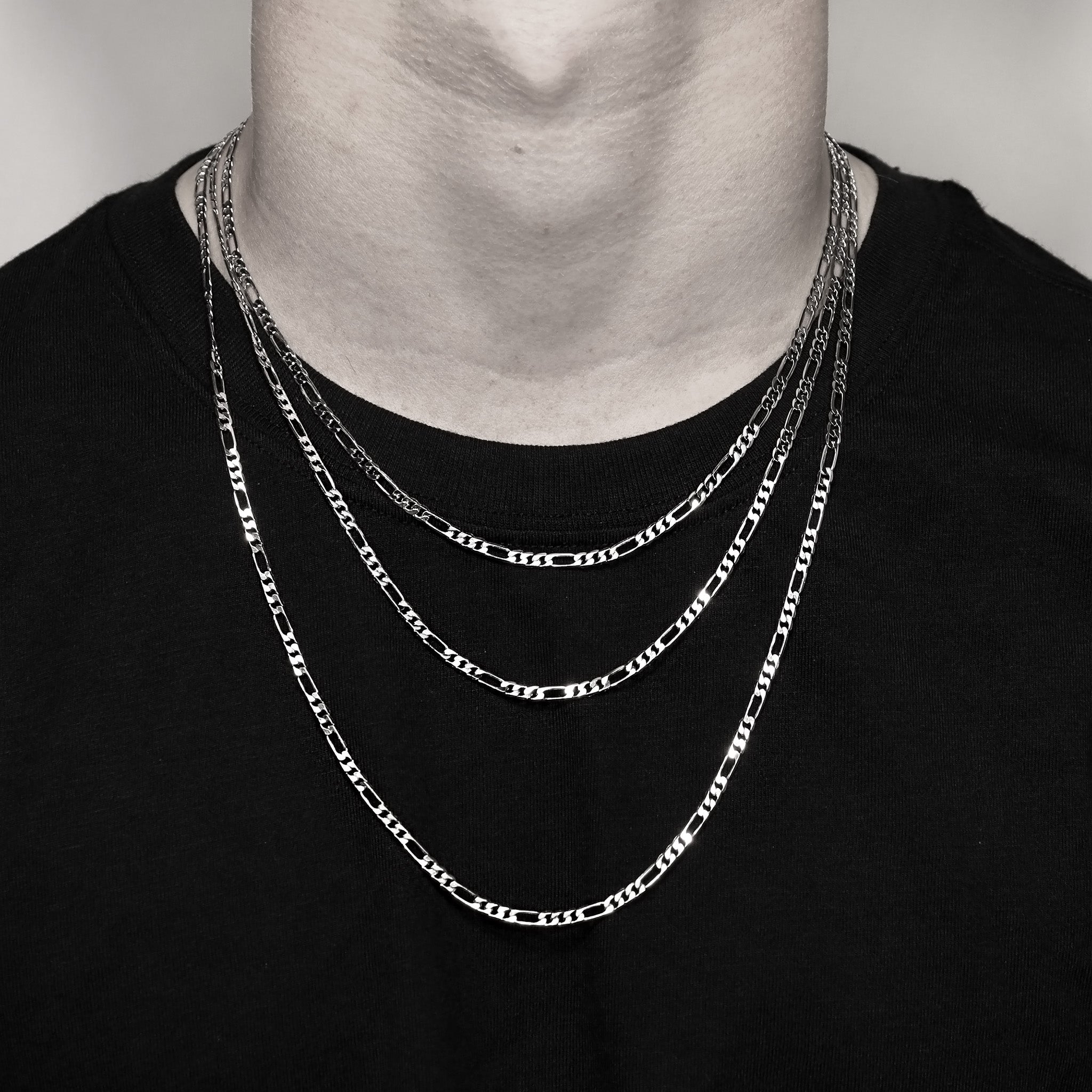 Sterling Silver Platinum Plated Diamond Cut Figaro Chain